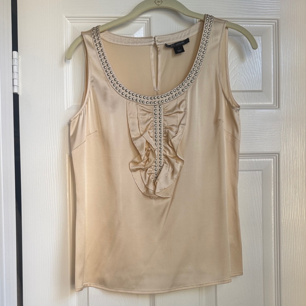 St. John Knits Silk Cream Tank Top with Studded Neckline